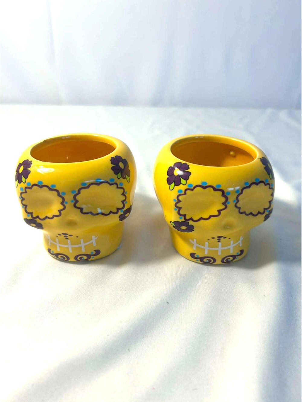 Set of 2 Yellow Sugar Skull Ceramic Planters Small Day of the Dead Succulent Pot